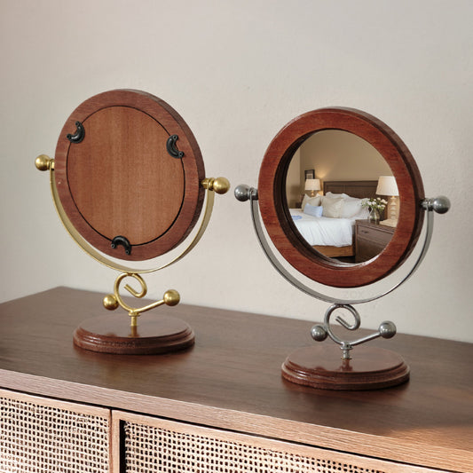 Gold and Brown Vintage Solid Wood Makeup Mirror - 360Â° Rotating Desktop Vanity Mirror