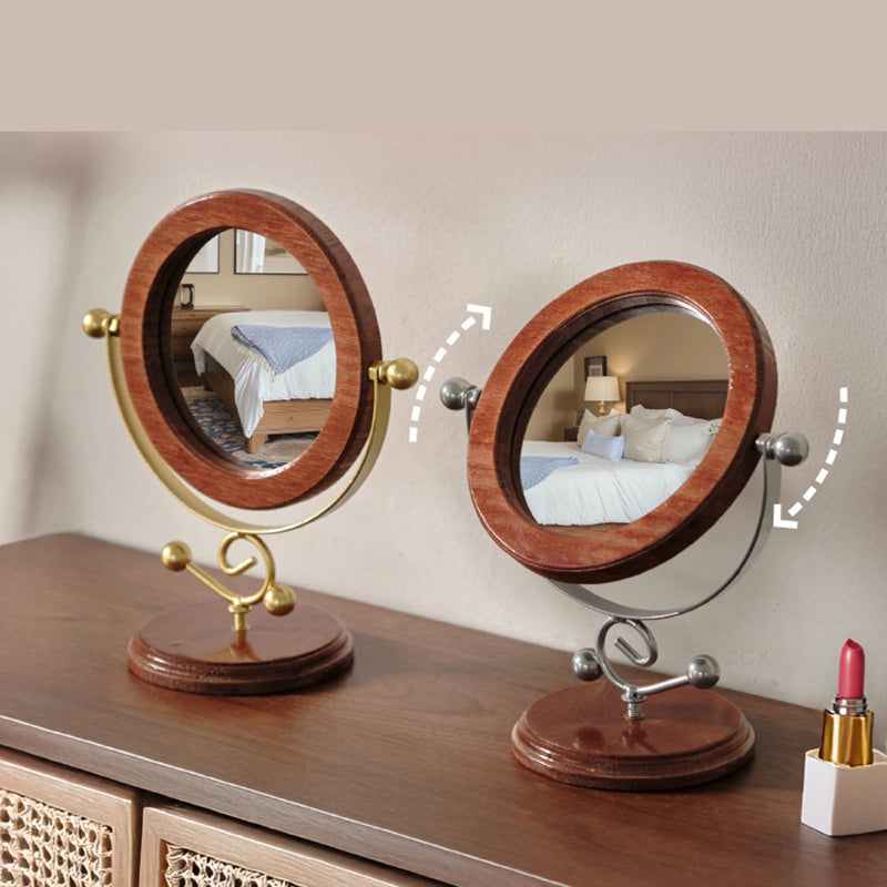 Gold and Brown Vintage Solid Wood Makeup Mirror - 360Â° Rotating Desktop Vanity Mirror
