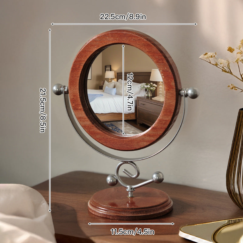 Silver and Brown Vintage Solid Wood Makeup Mirror - 360Â° Rotation Desktop Vanity Mirror