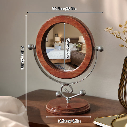 Silver and Brown Vintage Solid Wood Makeup Mirror - 360Â° Rotation Desktop Vanity Mirror