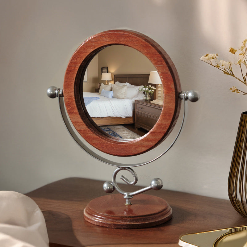 Silver and Brown Vintage Solid Wood Makeup Mirror - 360Â° Rotation Desktop Vanity Mirror