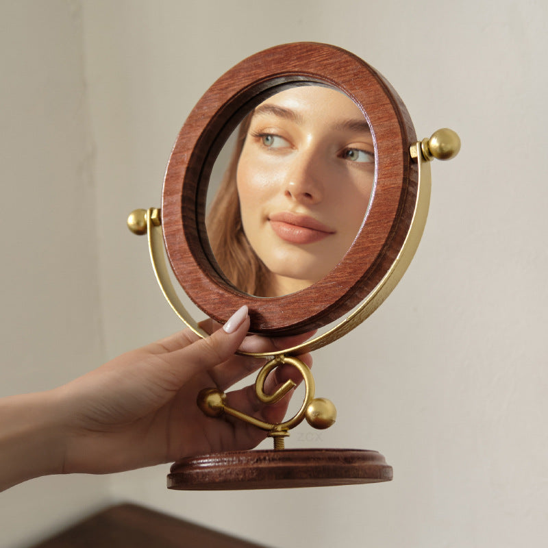 Silver and Brown Vintage Solid Wood Makeup Mirror - 360Â° Rotation Desktop Vanity Mirror