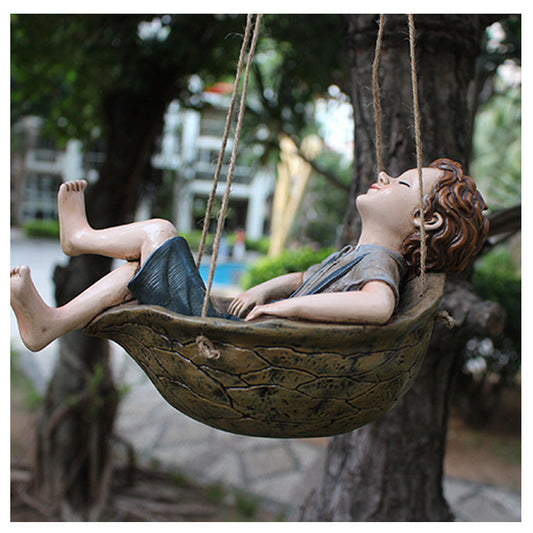 Walnut Boy Swing Resin Ornament - 20.5x11x12.5cm Charming Garden Hanging Decor for Trees & Patios