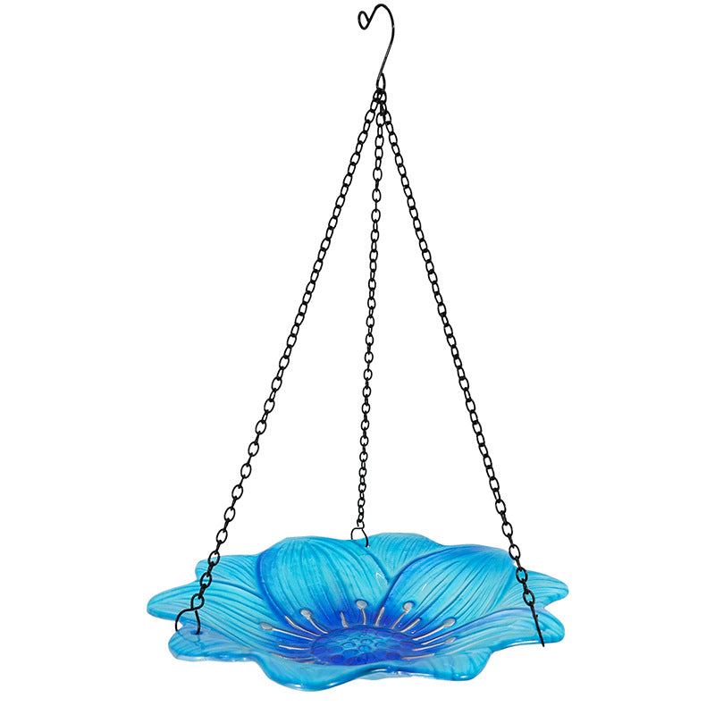 Blue Decorative Hanging Glass Flower Bird Bath - 10 Inch Vibrant Outdoor Garden Accent