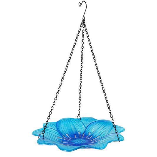 Blue Decorative Hanging Glass Flower Bird Bath - 10 Inch Vibrant Outdoor Garden Accent