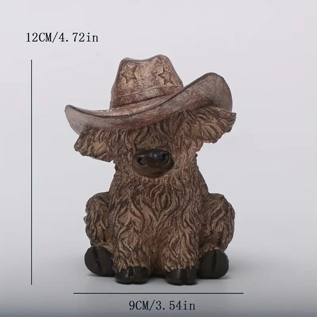 Rustic Highland Cow Statue with Cowboy Hat - Resin Farmhouse Decor