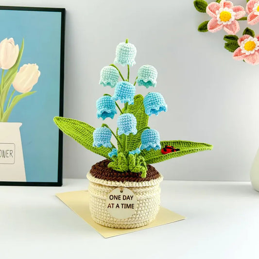 Blue Handmade Crochet Lily of the Valley Potted Plant - Gradient Blue Flower Decor Gift