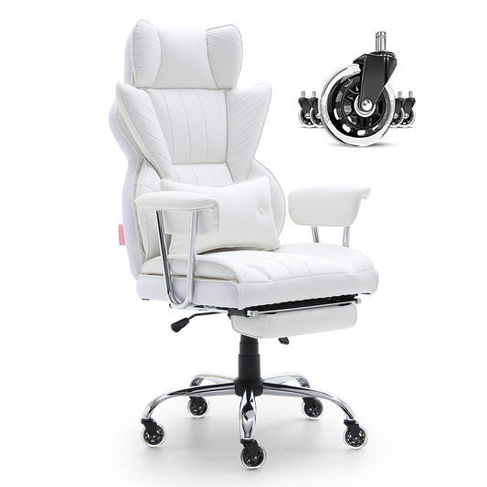 Reclining Office Chair with Footrest, Heavy Duty PU Leather Wide Office Chair, Big and Tall Executive Office Chairs with Lumbar Support, Strong Metal Base Quiet Wheels, White