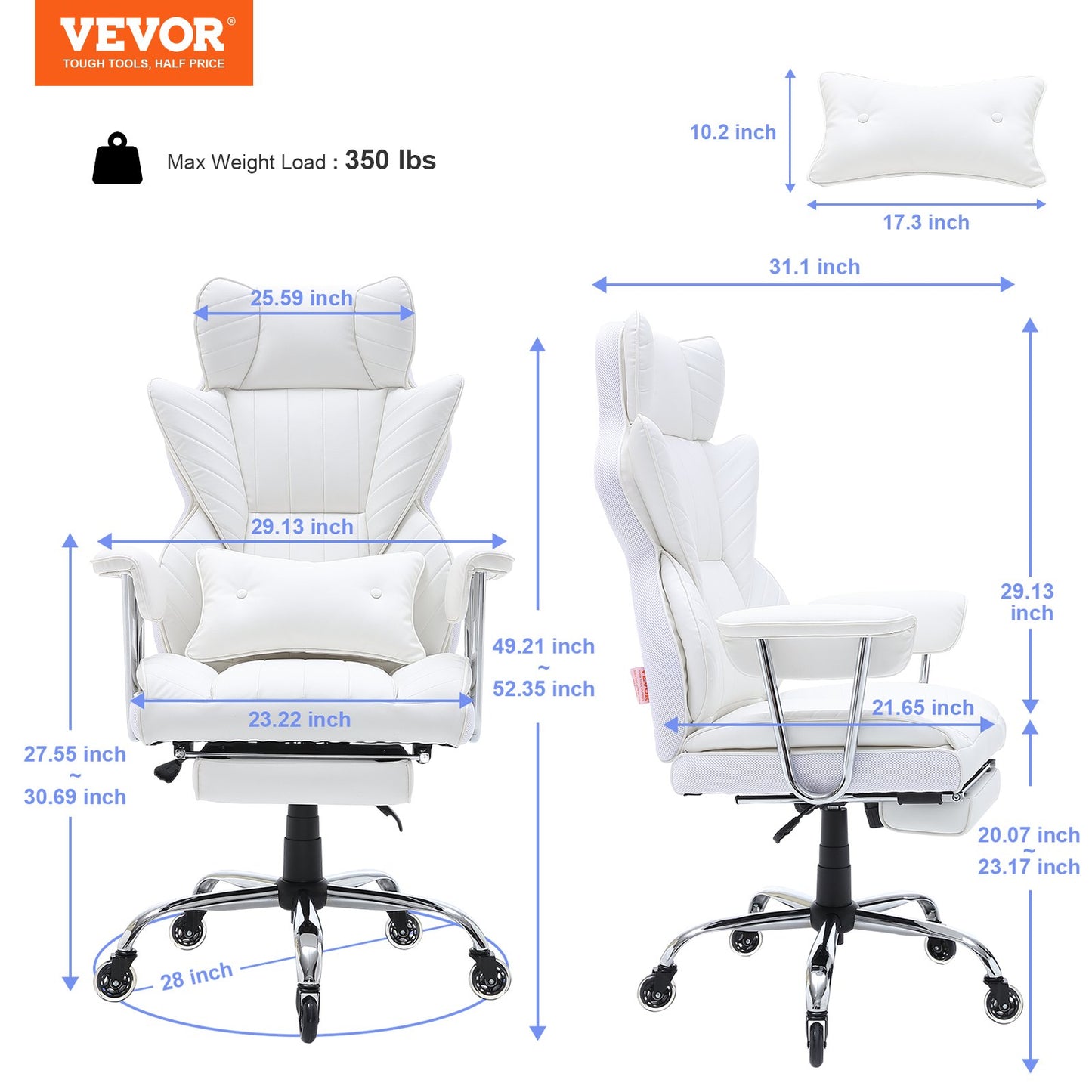 Reclining Office Chair with Footrest, Heavy Duty PU Leather Wide Office Chair, Big and Tall Executive Office Chairs with Lumbar Support, Strong Metal Base Quiet Wheels, White