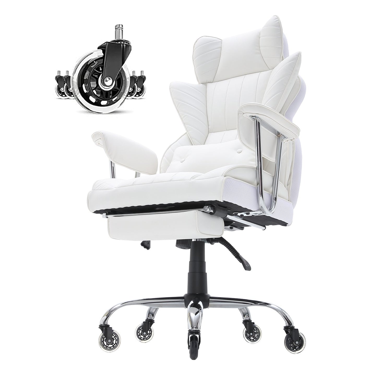 Reclining Office Chair with Footrest, Heavy Duty PU Leather Wide Office Chair, Big and Tall Executive Office Chairs with Lumbar Support, Strong Metal Base Quiet Wheels, White
