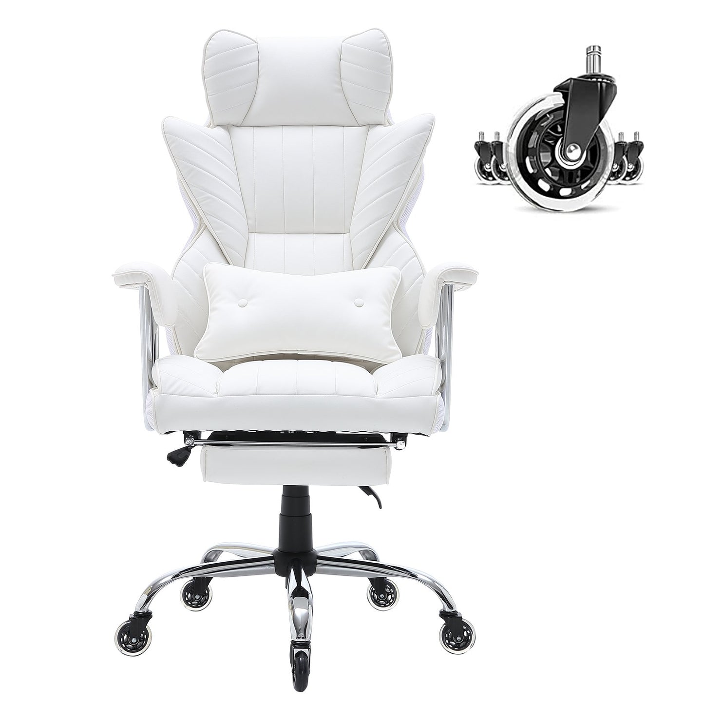 Reclining Office Chair with Footrest, Heavy Duty PU Leather Wide Office Chair, Big and Tall Executive Office Chairs with Lumbar Support, Strong Metal Base Quiet Wheels, White