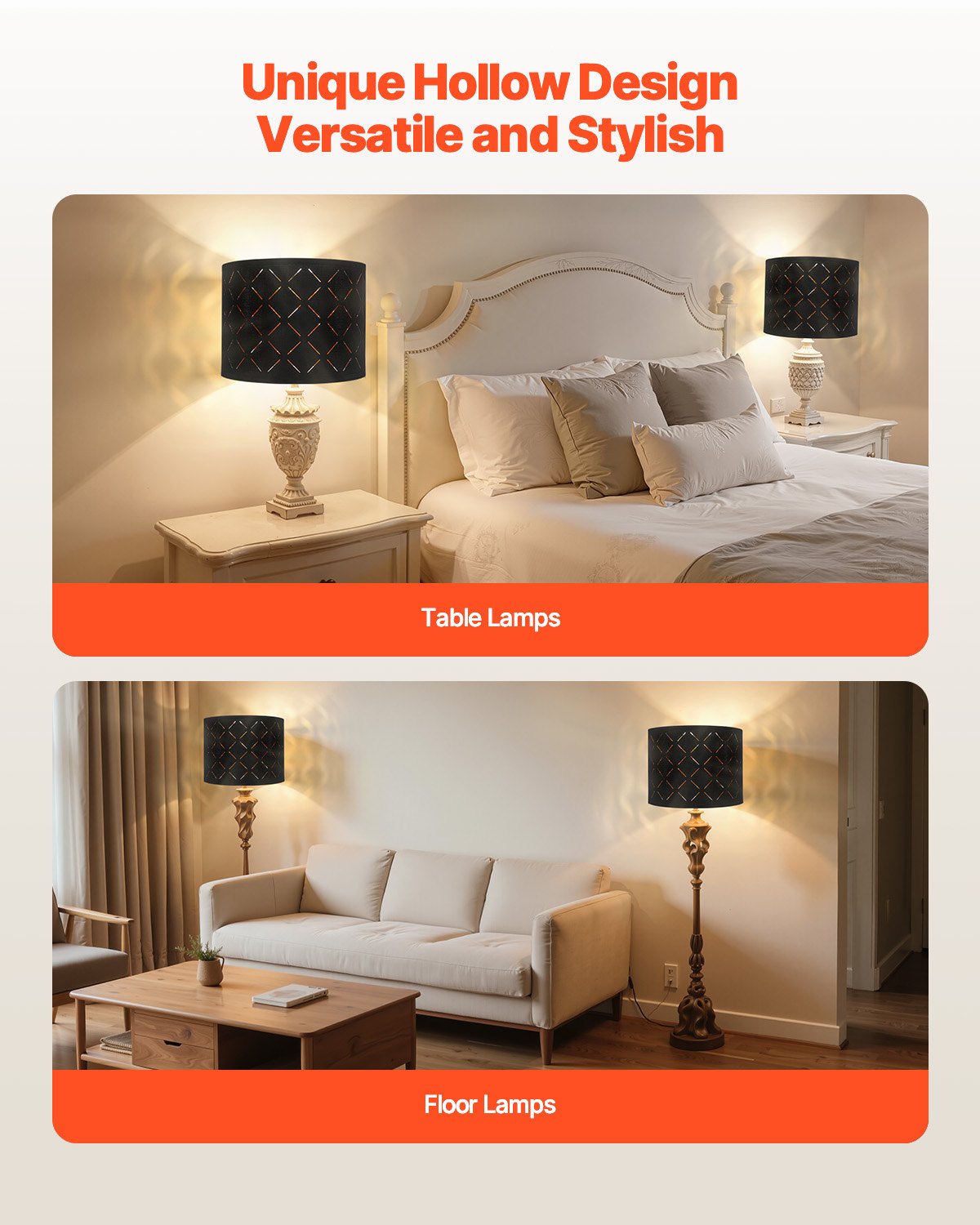 VEVOR Drum Lamp Shade 2 Set, 33 cm Top x 33 cm Bottom x 25 cm High, Medium Drum Lampshade with Harp, Replacement Lamp Shade for Table Lamps Floor Lamps Pendant Lights, Black Diamond Hollow Design