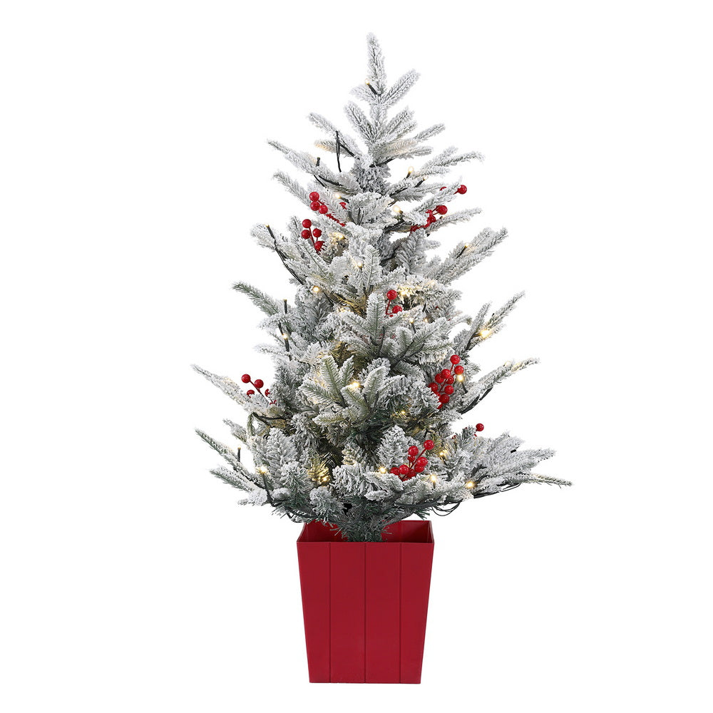 Christmas Tree 1M LED Potted Xmas Party Decor Red Barries Flocked