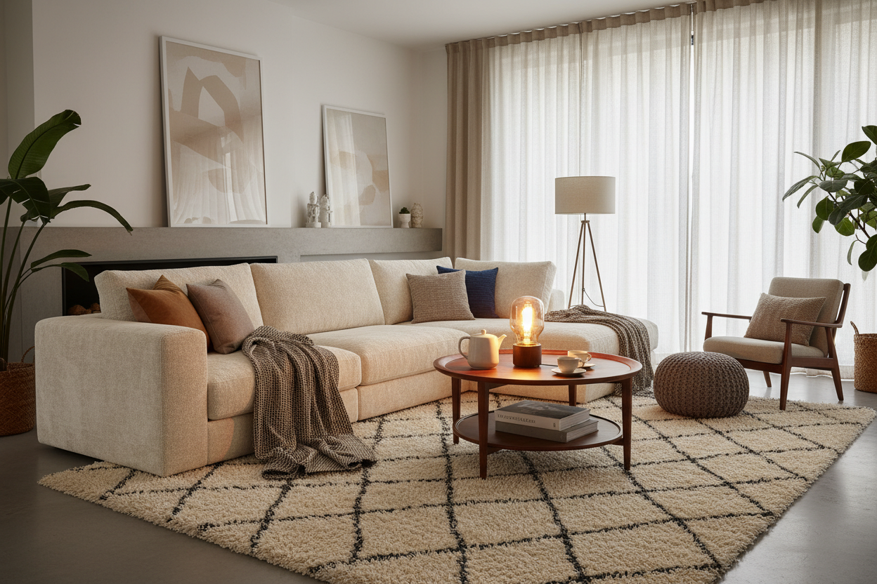 A nice cozy room with couch and coffee table