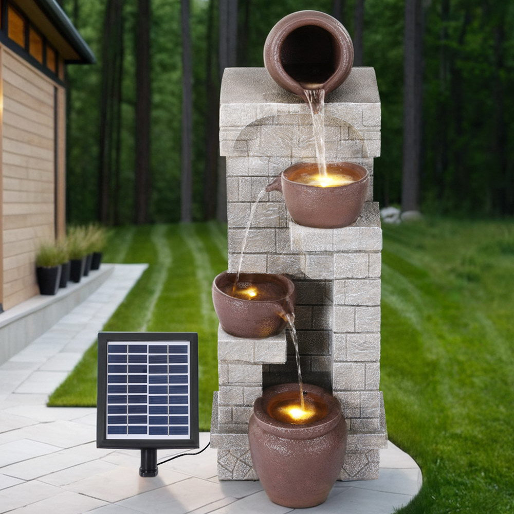 Solar Fountain Water Feature Pot Outdoor Indoor 4-Tier Cascading Brown